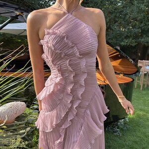 Women Ruffle Hem Pleated Sheer Mesh Long Maxi Dress Sleeveless Halter Neck